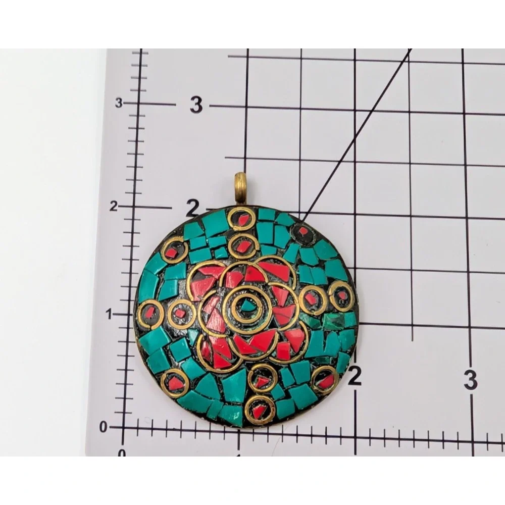 Vintage‎ Tibetan Dome Medallion Pendant Brass Red Blue Inlay Mosaic Statement